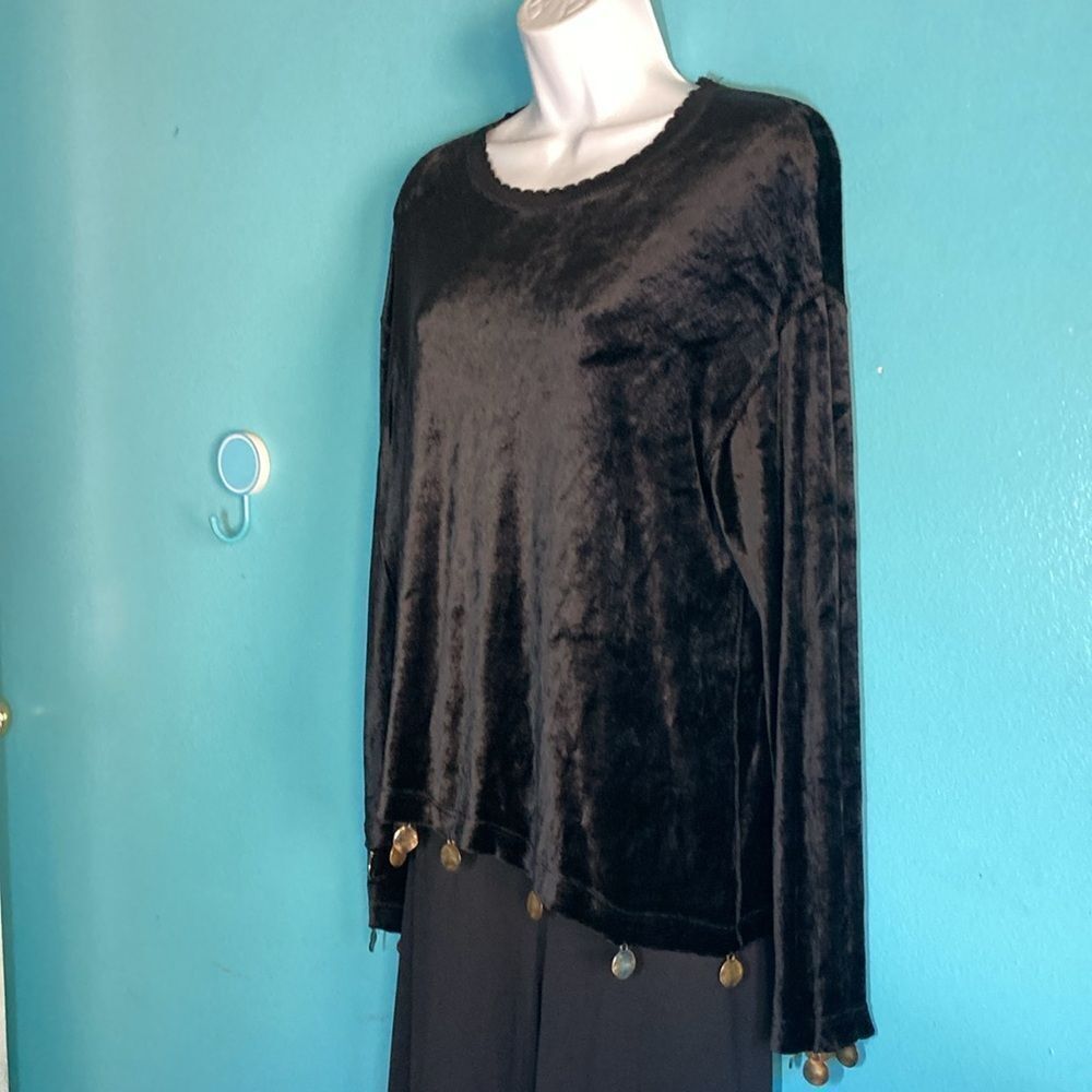 Sonia Rykiel L Black Velvet French Pullover Top With Gold Medallion Decoration